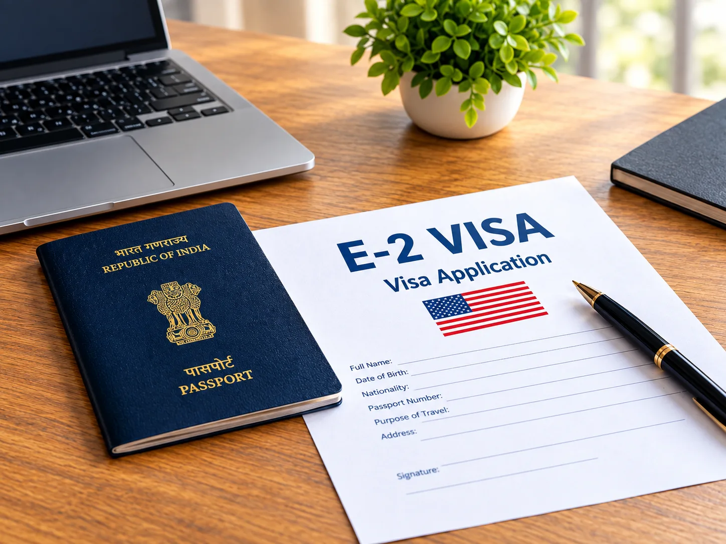 Indian entrepreneurs and E-2 visa eligibility explained through passport and application form.